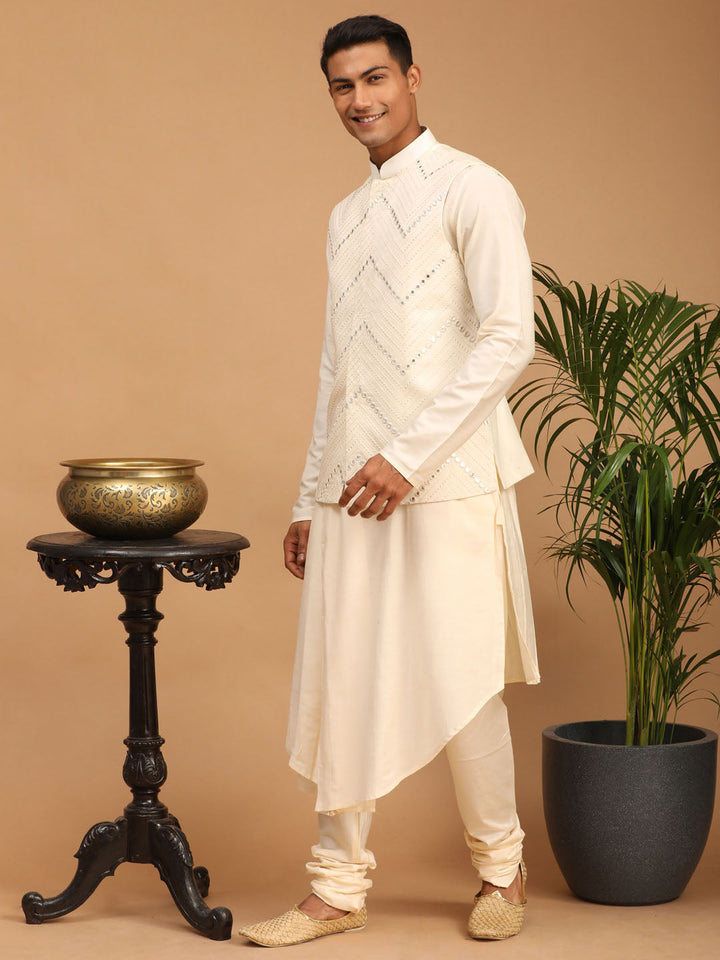 Vastramay Men's Cream Mirror Jacket With Pleated Kurta Pyjama Set, traditional Indian attire with cream colored jacket and pleated pants for men