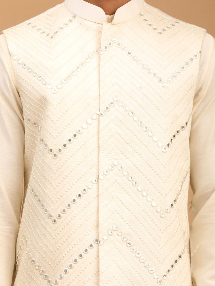 Vastramay Men's Cream Mirror Jacket With Pleated Kurta Pyjama Set - Traditional Indian attire for men in cream color with mirror work embellishments