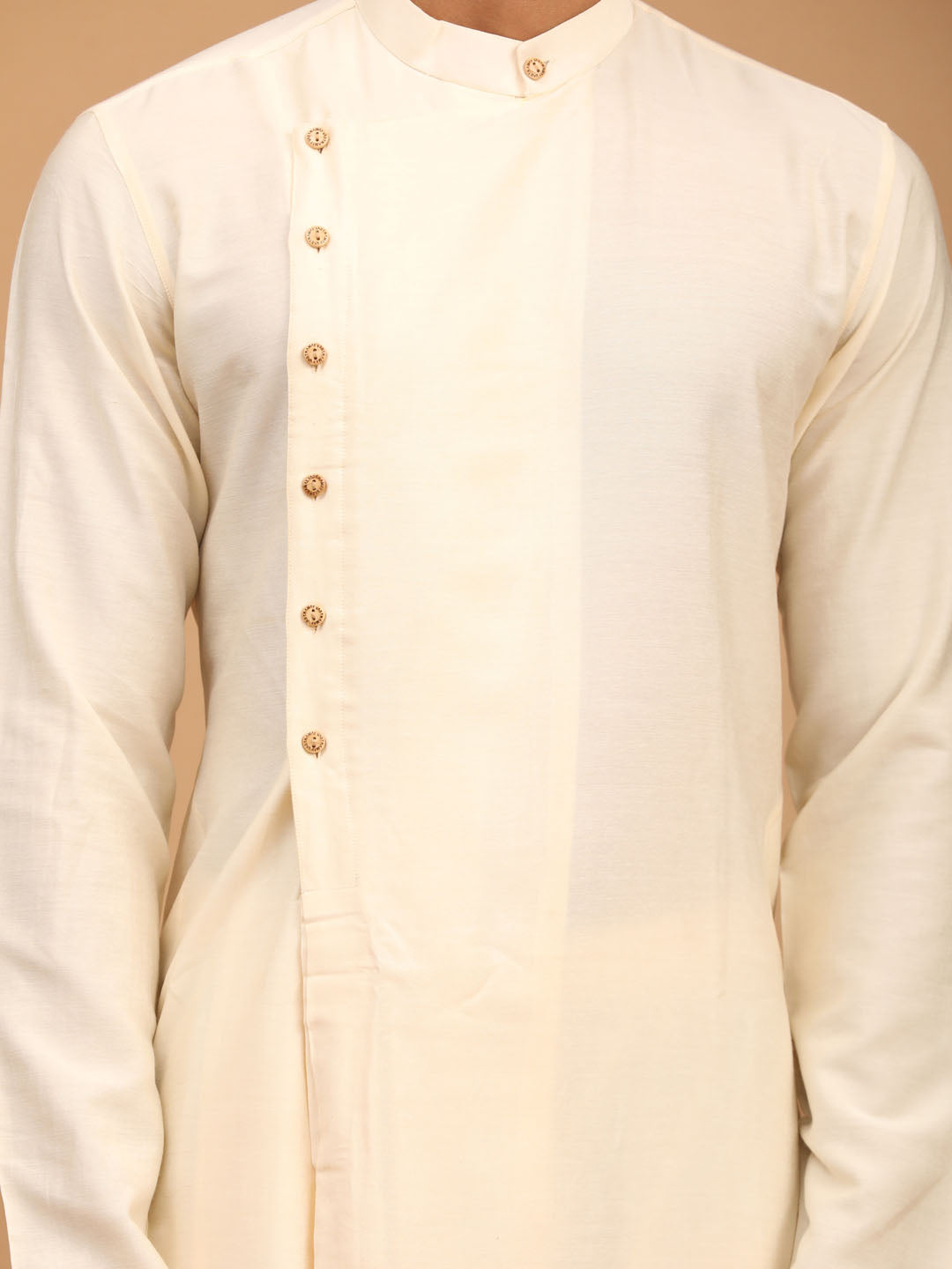 Vastramay Men's Cream Mirror Jacket With Pleated Kurta Pyjama Set, traditional Indian outfit with ornate detailing and elegant design