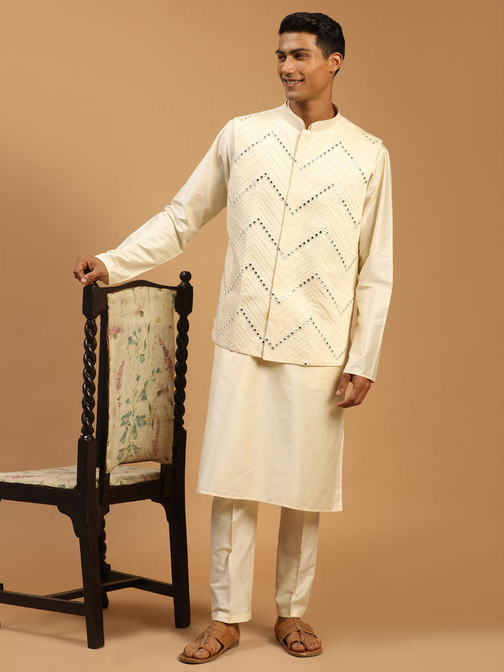 Vastramay Men's Cream Mirror Jacket With Kurta Pant Set