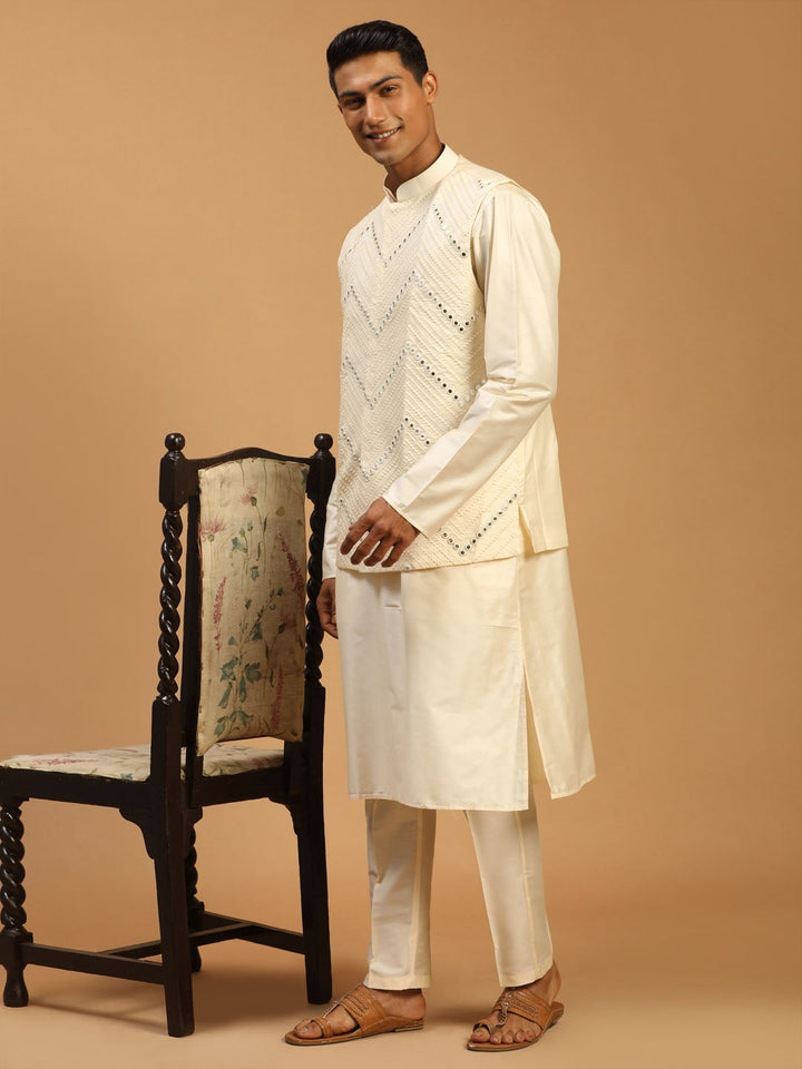 Vastramay Men's Cream Mirror Jacket With Kurta Pant Set