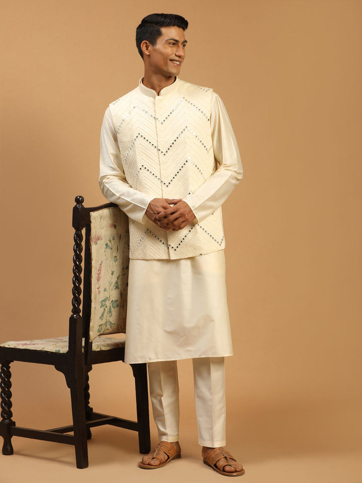 Vastramay Men's Cream Mirror Jacket With Kurta Pant Set