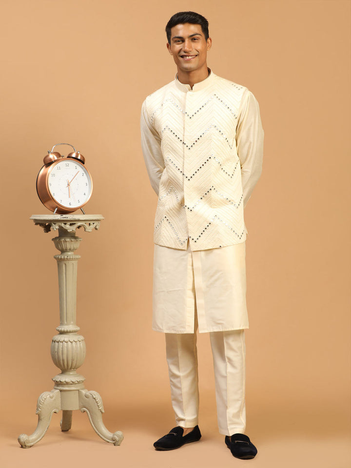 Vastramay Men's Cream Mirror Jacket With Front Open Kurta Pyjama Set