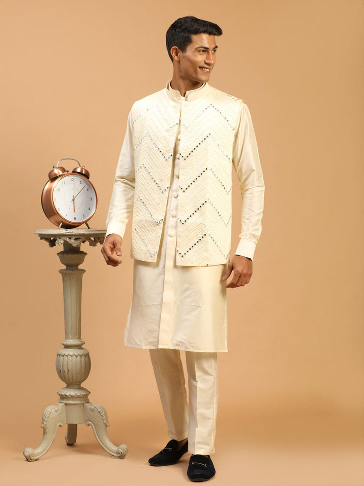 Vastramay Men's Cream Mirror Jacket With Front Open Kurta Pyjama Set