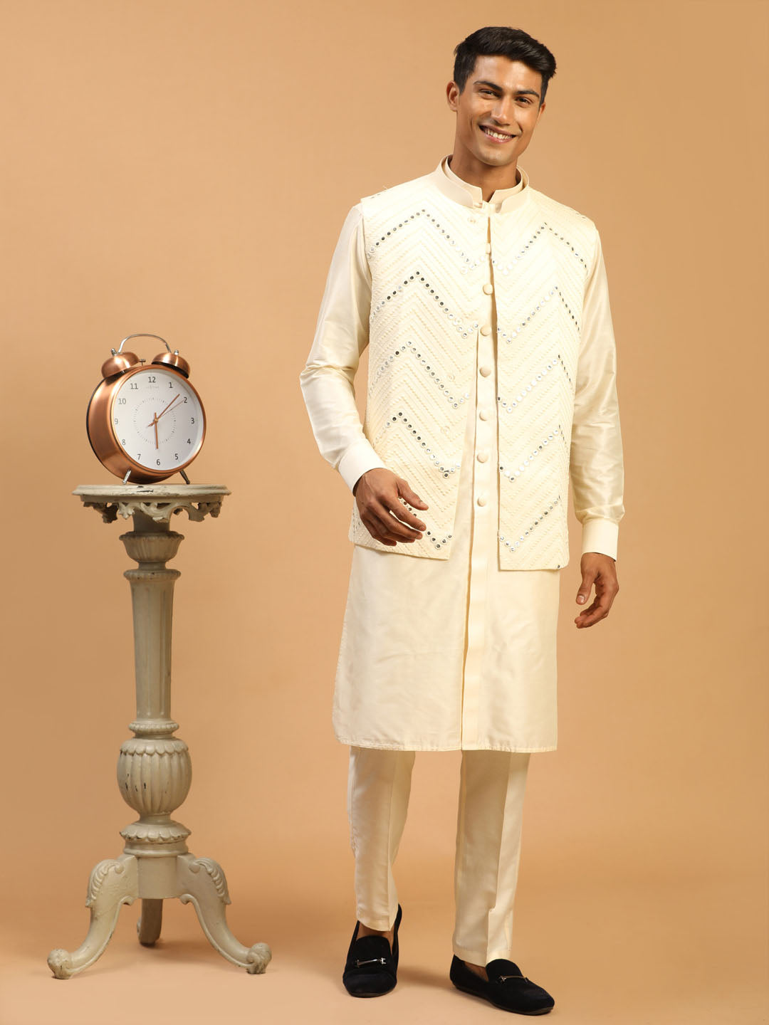 Vastramay Men's Cream Mirror Jacket With Front Open Kurta Pyjama Set