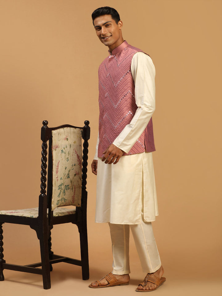 Vastramay Men's Onion Mirror Jacket With Kurta Pant Set