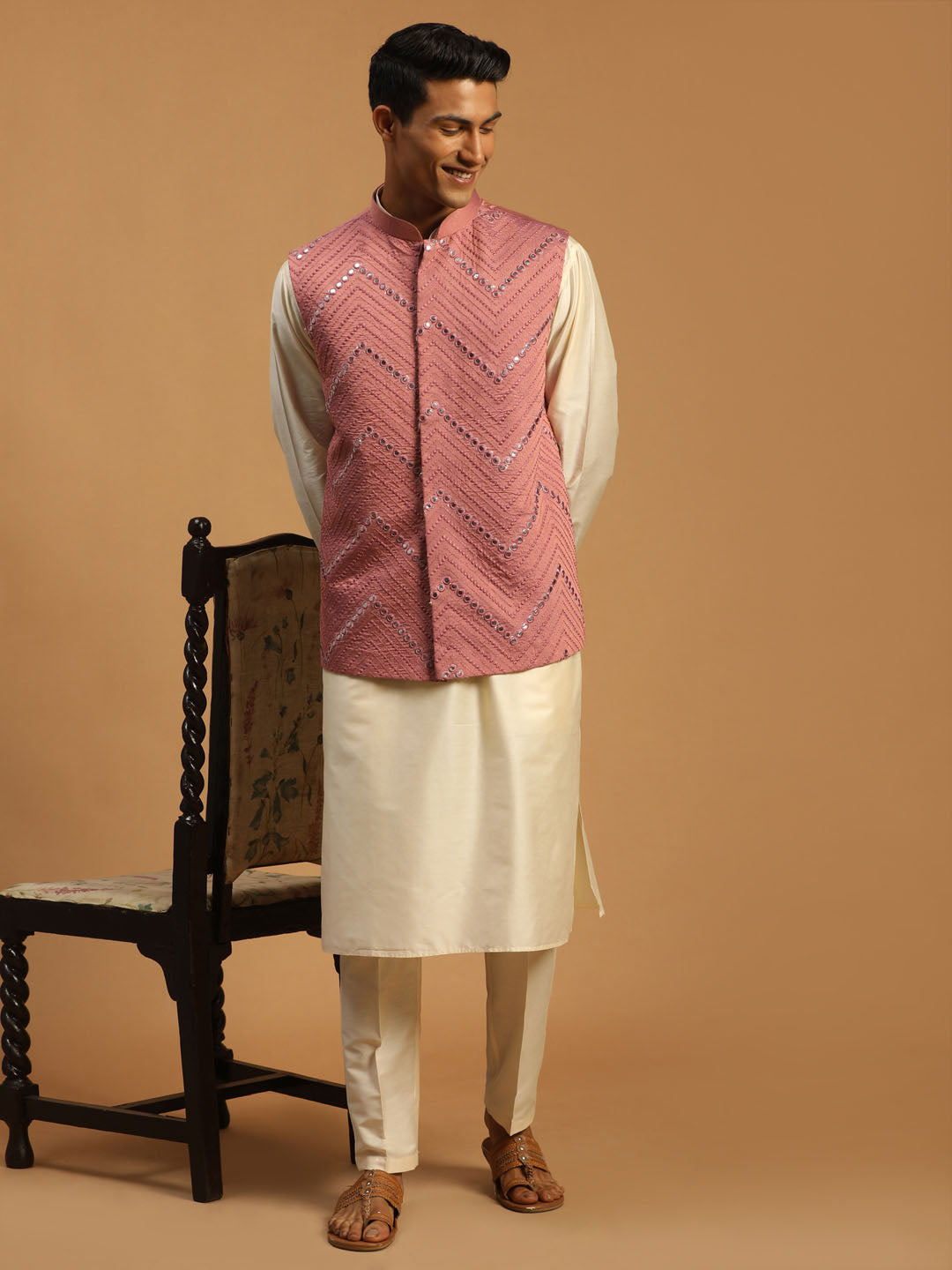 Vastramay Men's Onion Mirror Jacket With Kurta Pant Set