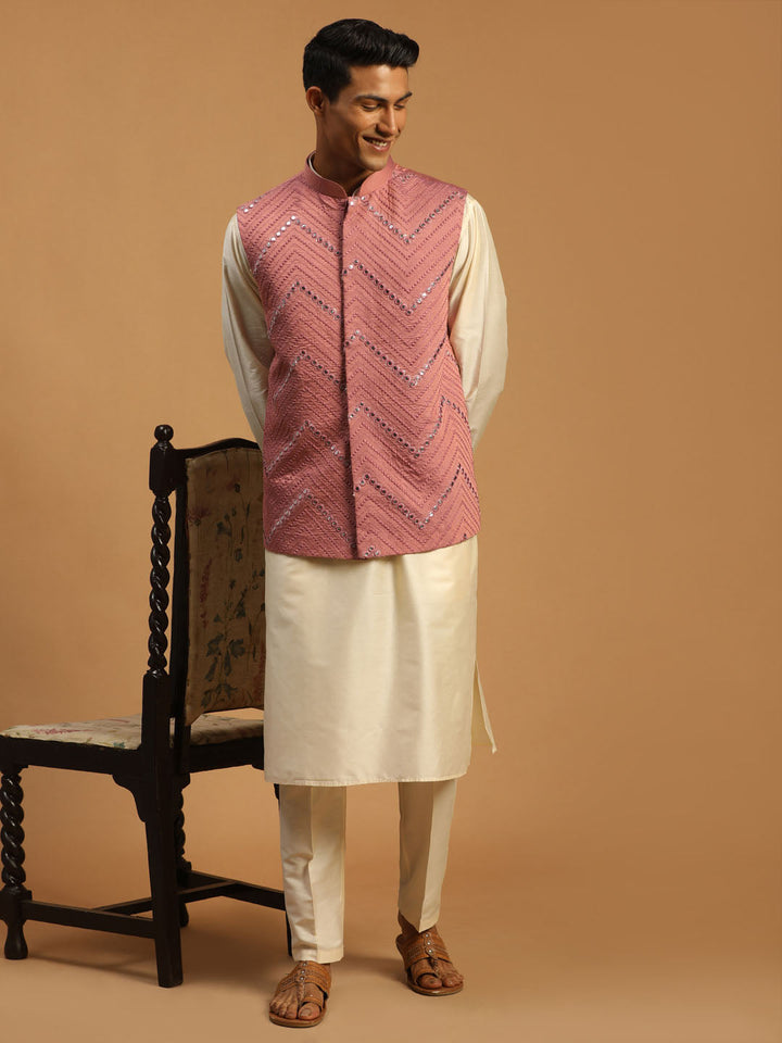 Vastramay Men's Onion Mirror Jacket With Kurta Pant Set