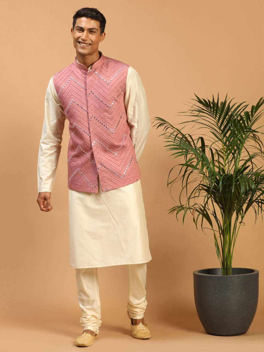 Vastramay Men's Onion Pink Mirror Jacket With Kurta Pyjama Set