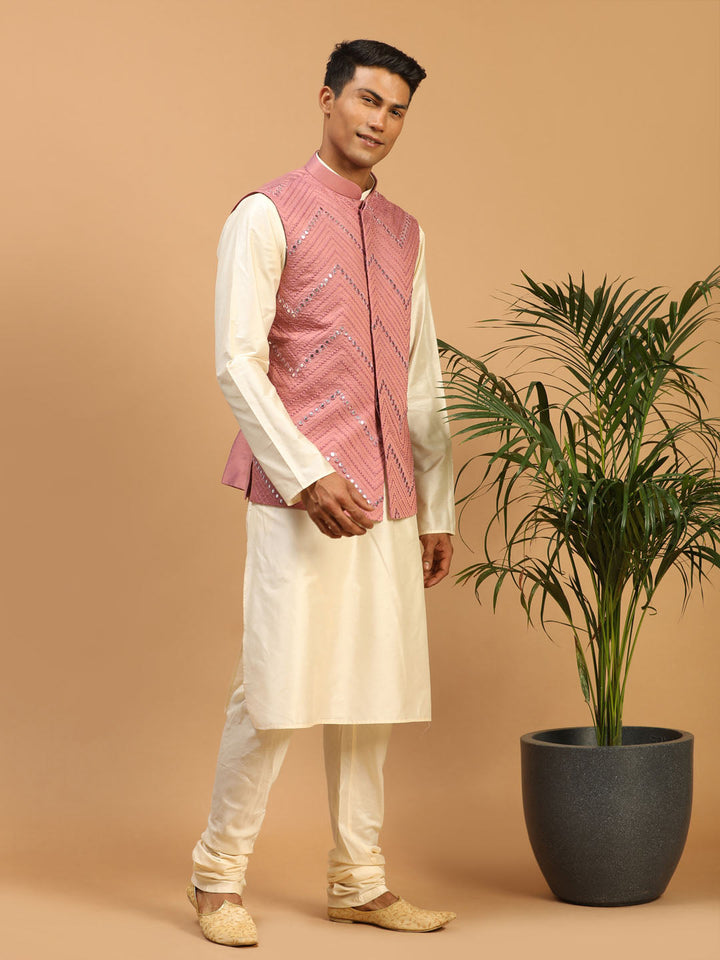 Vastramay Men's Onion Pink Mirror Jacket With Kurta Pyjama Set