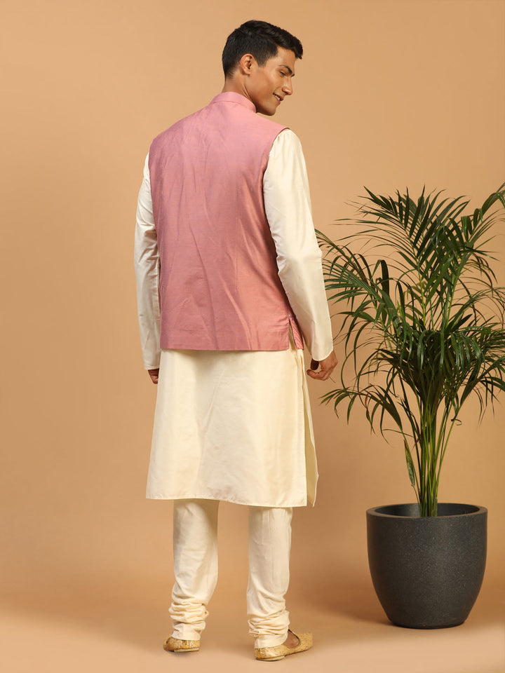 Vastramay Men's Onion Pink Mirror Jacket With Kurta Pyjama Set