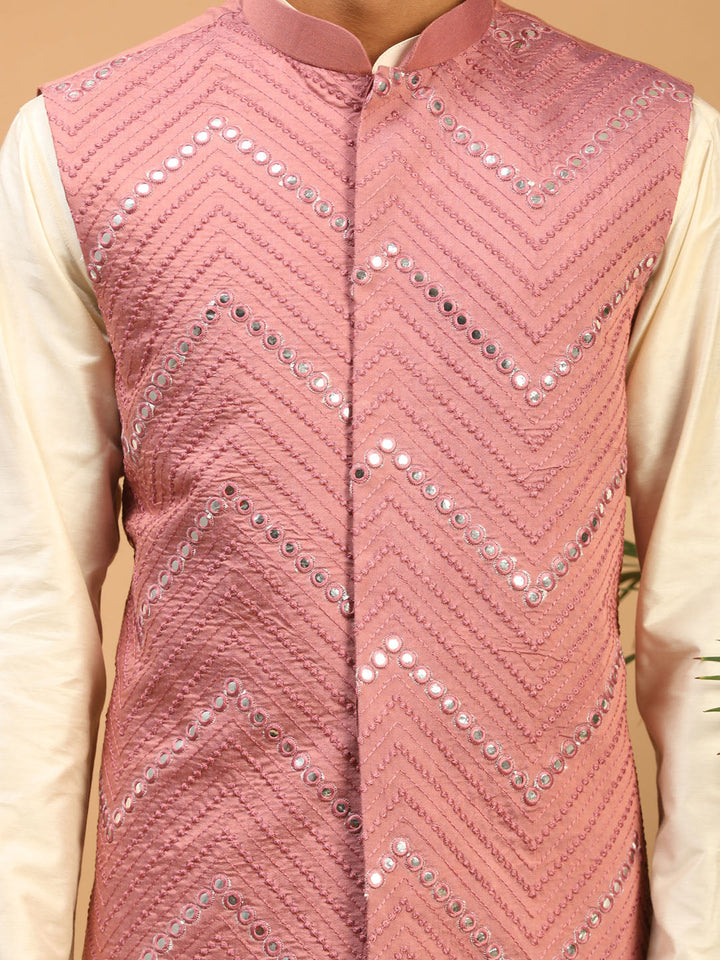 Vastramay Men's Onion Pink Mirror Jacket With Kurta Pyjama Set