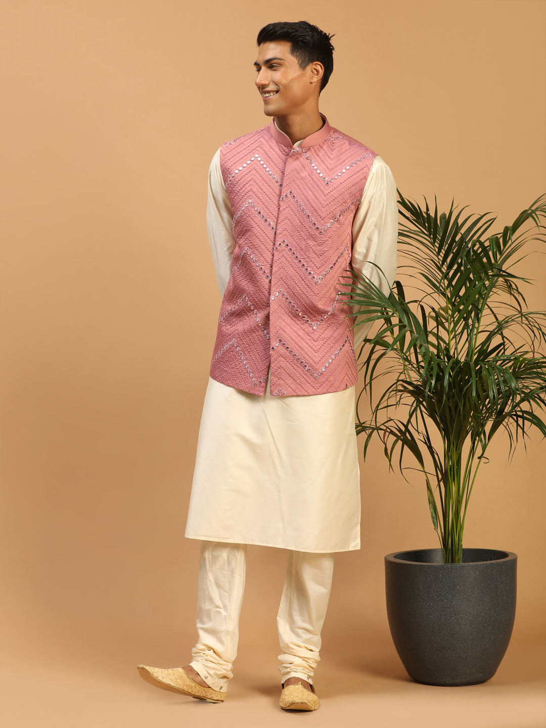 Vastramay Men's Onion Pink Mirror Jacket With Kurta Pyjama Set