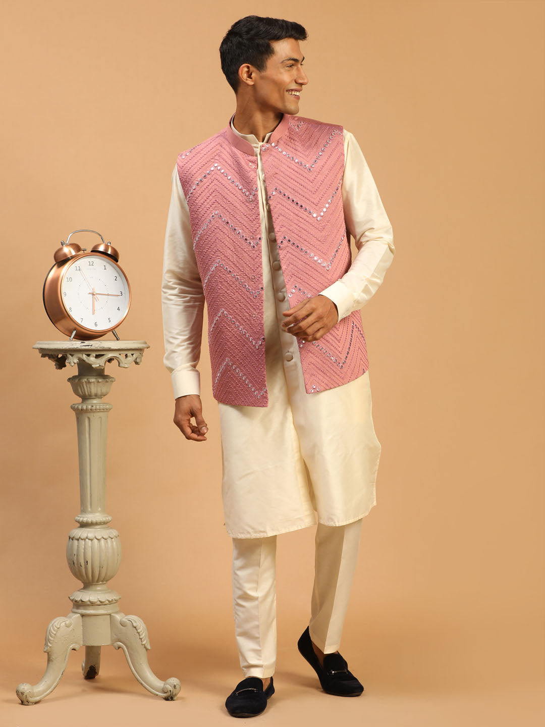 Vastramay Men's Pink Mirror Jacket With Front Open Kurta Pant Set