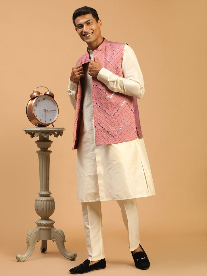 Vastramay Men's Pink Mirror Jacket With Front Open Kurta Pant Set