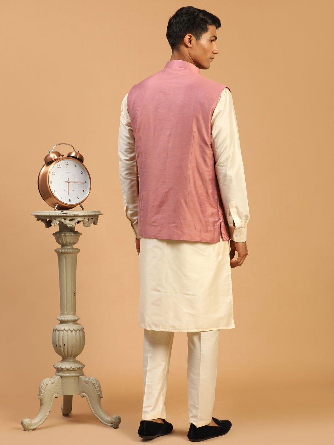 Vastramay Men's Pink Mirror Jacket With Front Open Kurta Pant Set