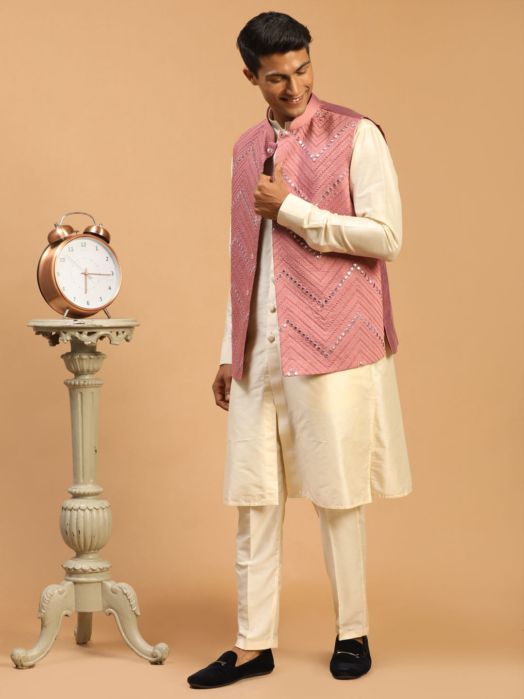 Vastramay Men's Pink Mirror Jacket With Front Open Kurta Pant Set