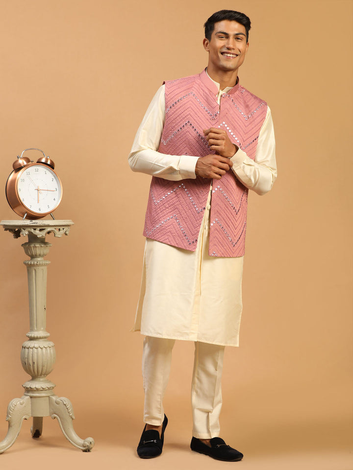 Vastramay Men's Pink Mirror Jacket With Front Open Kurta Pant Set