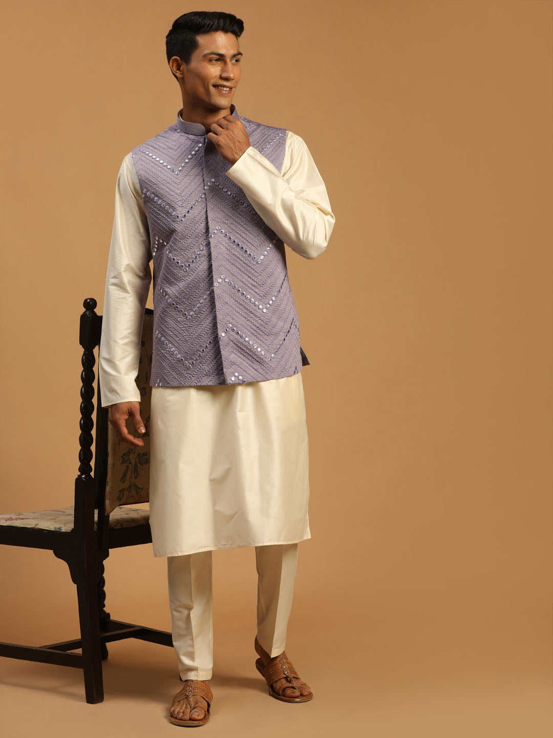 Vastramay Men's Purple Mirror jacket With Kurta Pant Set