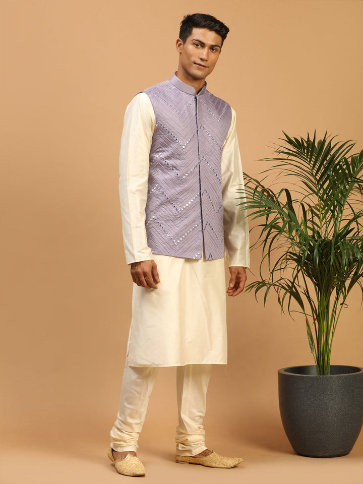 Vastramay Men's Purple Mirror Jacket With Kurta Pyjama Set