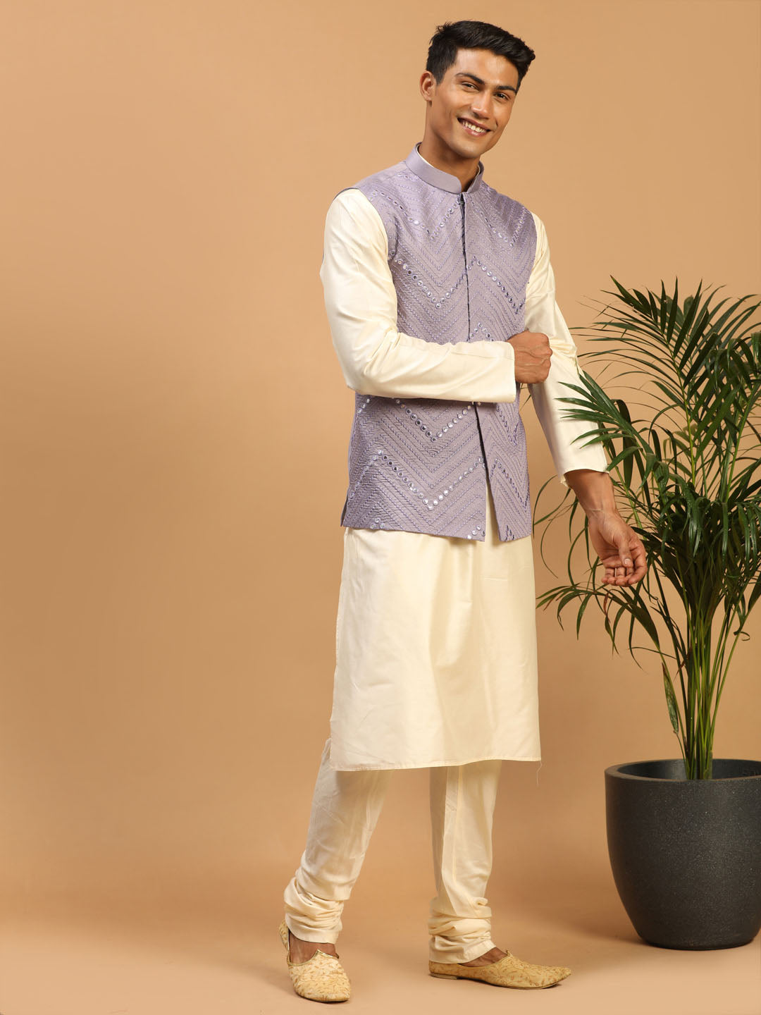 Vastramay Men's Purple Mirror Jacket With Kurta Pyjama Set