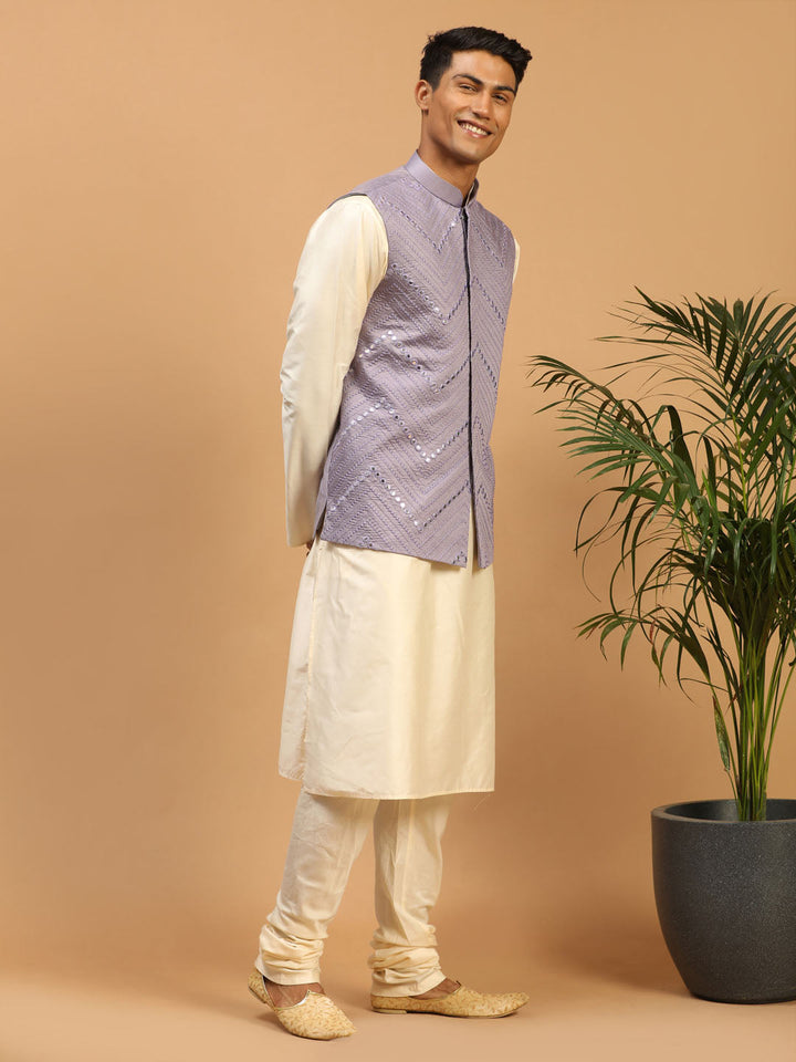 Vastramay Men's Purple Mirror Jacket With Kurta Pyjama Set