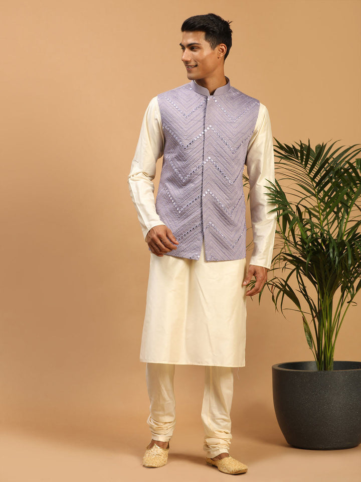 Vastramay Men's Purple Mirror Jacket With Kurta Pyjama Set