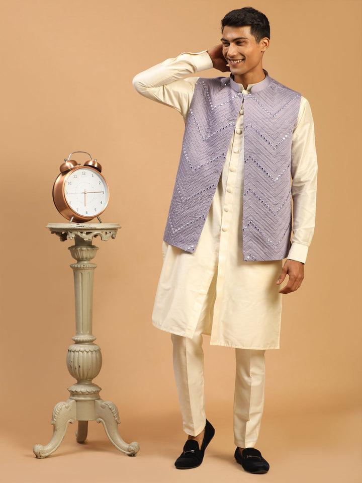 Vastramay Men's Purple Mirror Jacket With Front Open Kurta Pant Set