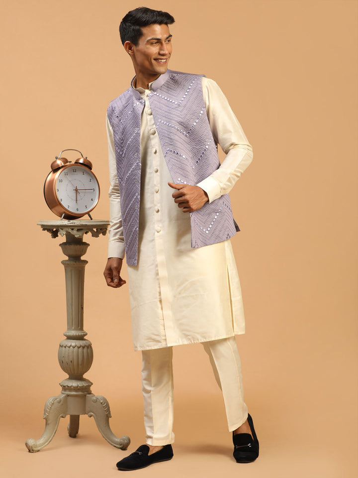 Vastramay Men's Purple Mirror Jacket With Front Open Kurta Pant Set