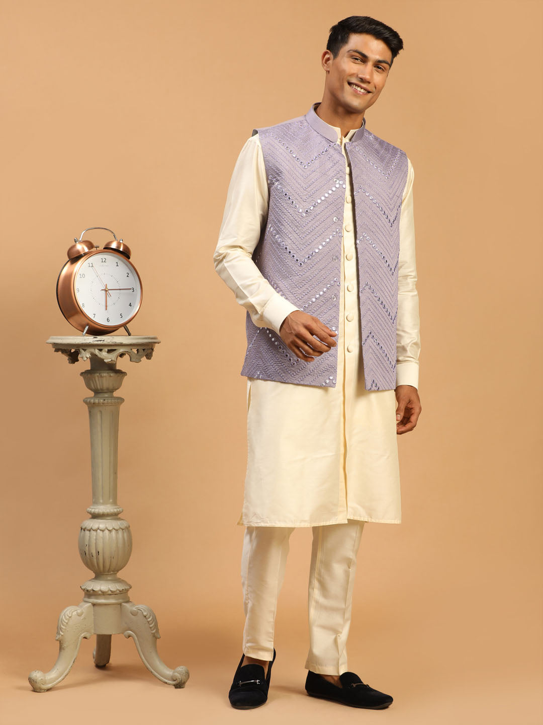 Vastramay Men's Purple Mirror Jacket With Front Open Kurta Pant Set