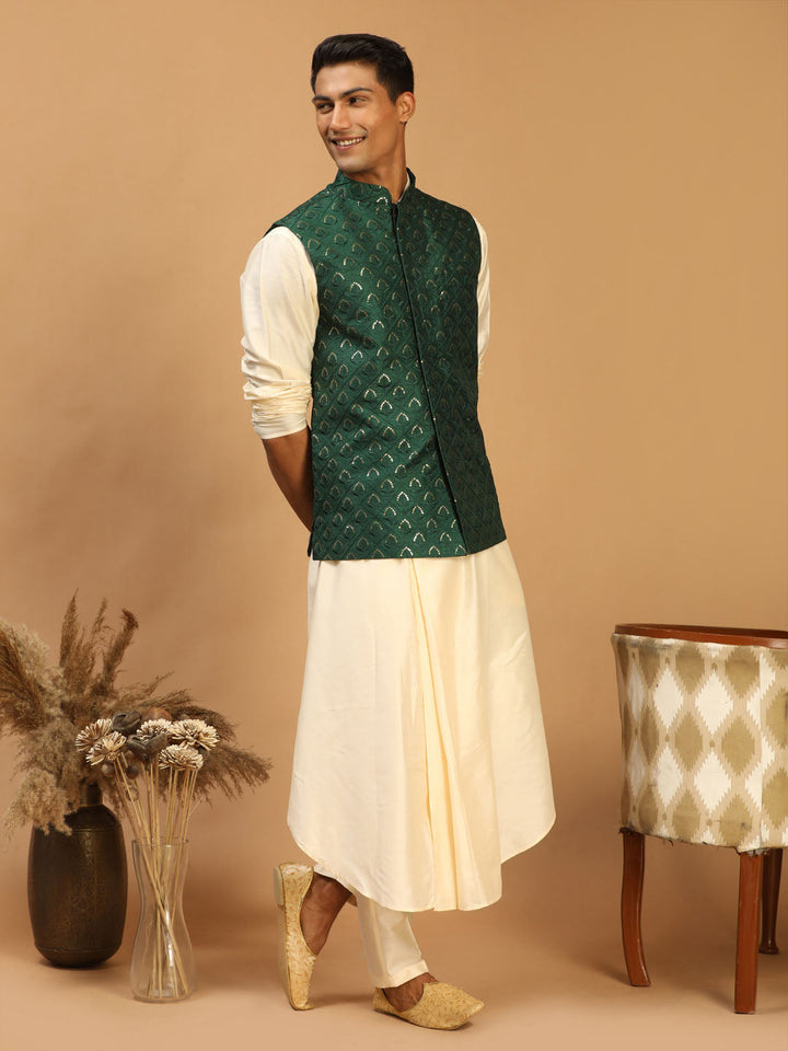 Vastramay Men's Green Embellished Jacket And Cream Pleated Kurta Pant Set for formal occasions