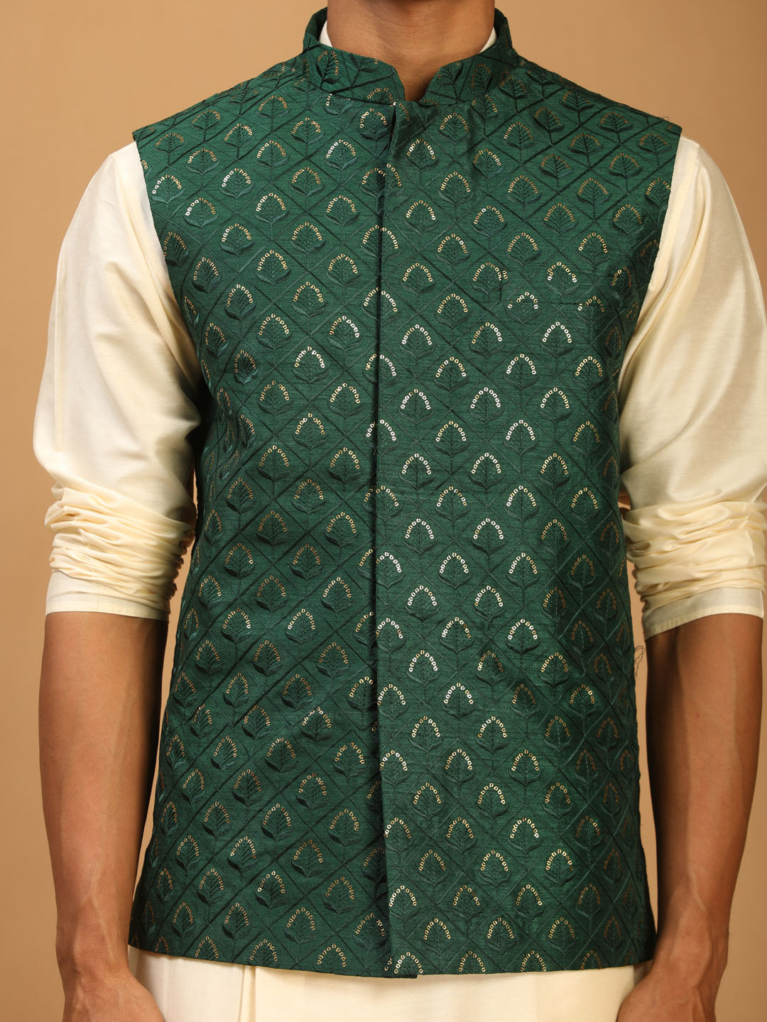 Vastramay Men's Green Embellished Jacket And Cream Pleated Kurta Pant Set, perfect for formal occasions or special events, featuring intricate embellishments and a sleek, modern design