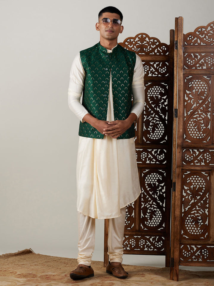 Vastramay Men's Green Jacket Pleated Kurta with Pyjama Set