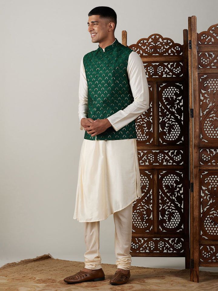 Vastramay Men's Green Jacket Pleated Kurta with Pyjama Set - Traditional Indian ethnic outfit for men