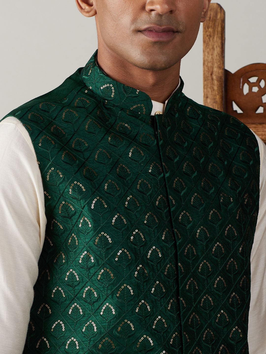 Vastramay Men's Green Jacket Pleated Kurta with Pyjama Set - Traditional Indian ethnic outfit for men