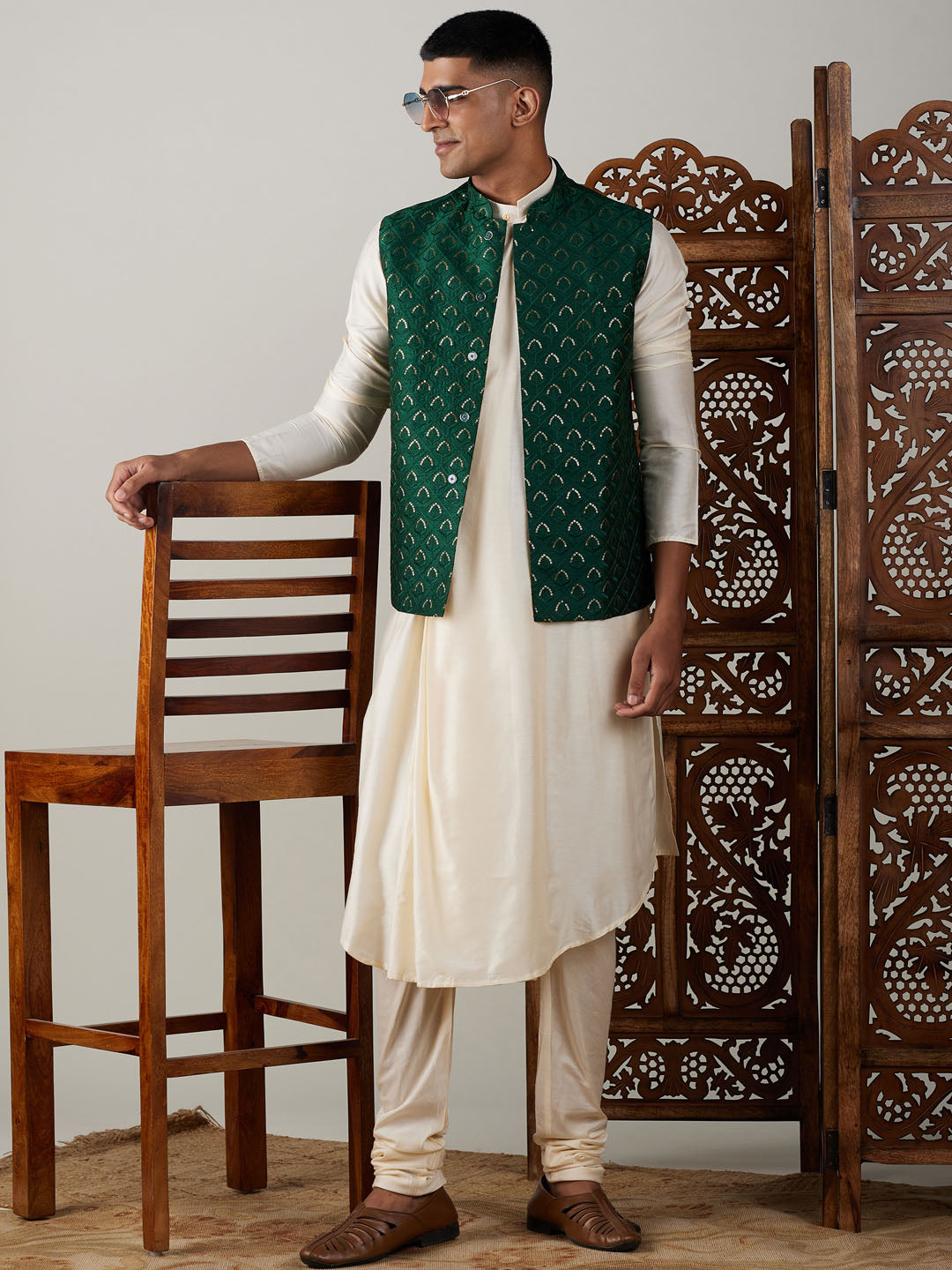 Vastramay Men's Green Jacket Pleated Kurta with Pyjama Set showcasing traditional Indian attire with intricate detailing and comfortable fabric