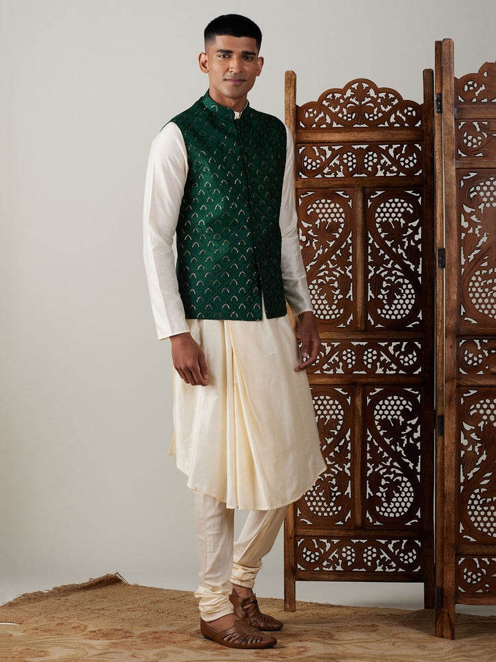 Vibrant green pleated kurta with matching jacket and pyjama set for men