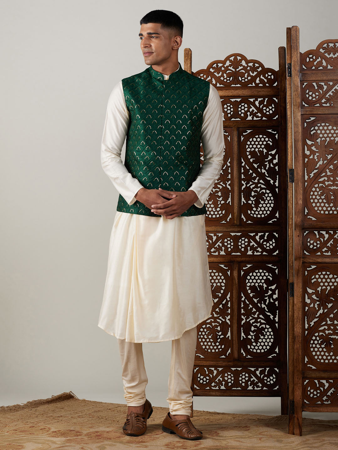 Vastramay Men's Green Jacket Pleated Kurta with Pyjama Set, traditional Indian attire perfect for festive occasions