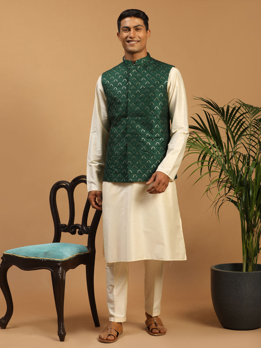 Vastramay Men's Green Embellished Jacket And Cream Kurta Pant Set