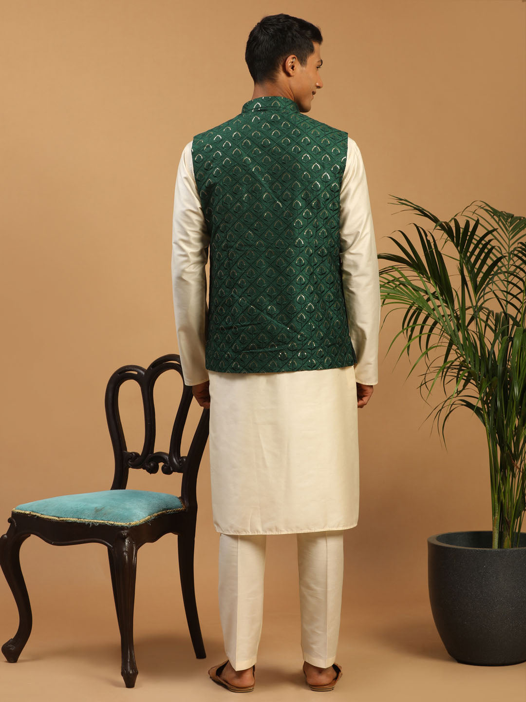 Vastramay Men's Green Embellished Jacket And Cream Kurta Pant Set