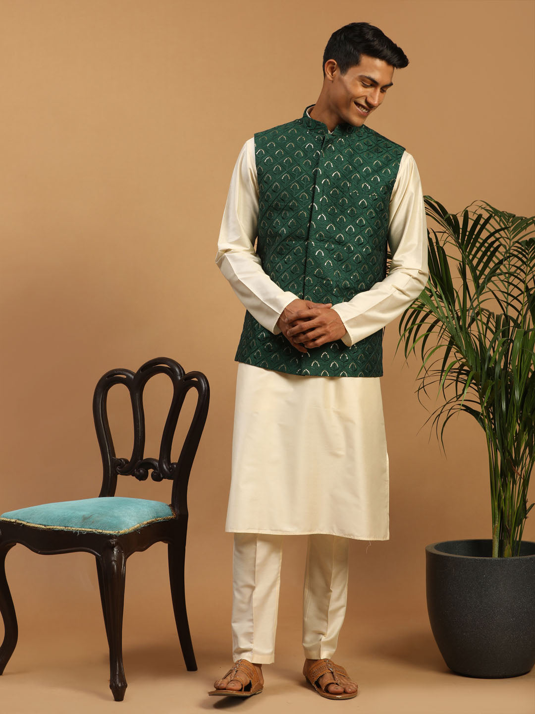 Vastramay Men's Green Embellished Jacket And Cream Kurta Pant Set