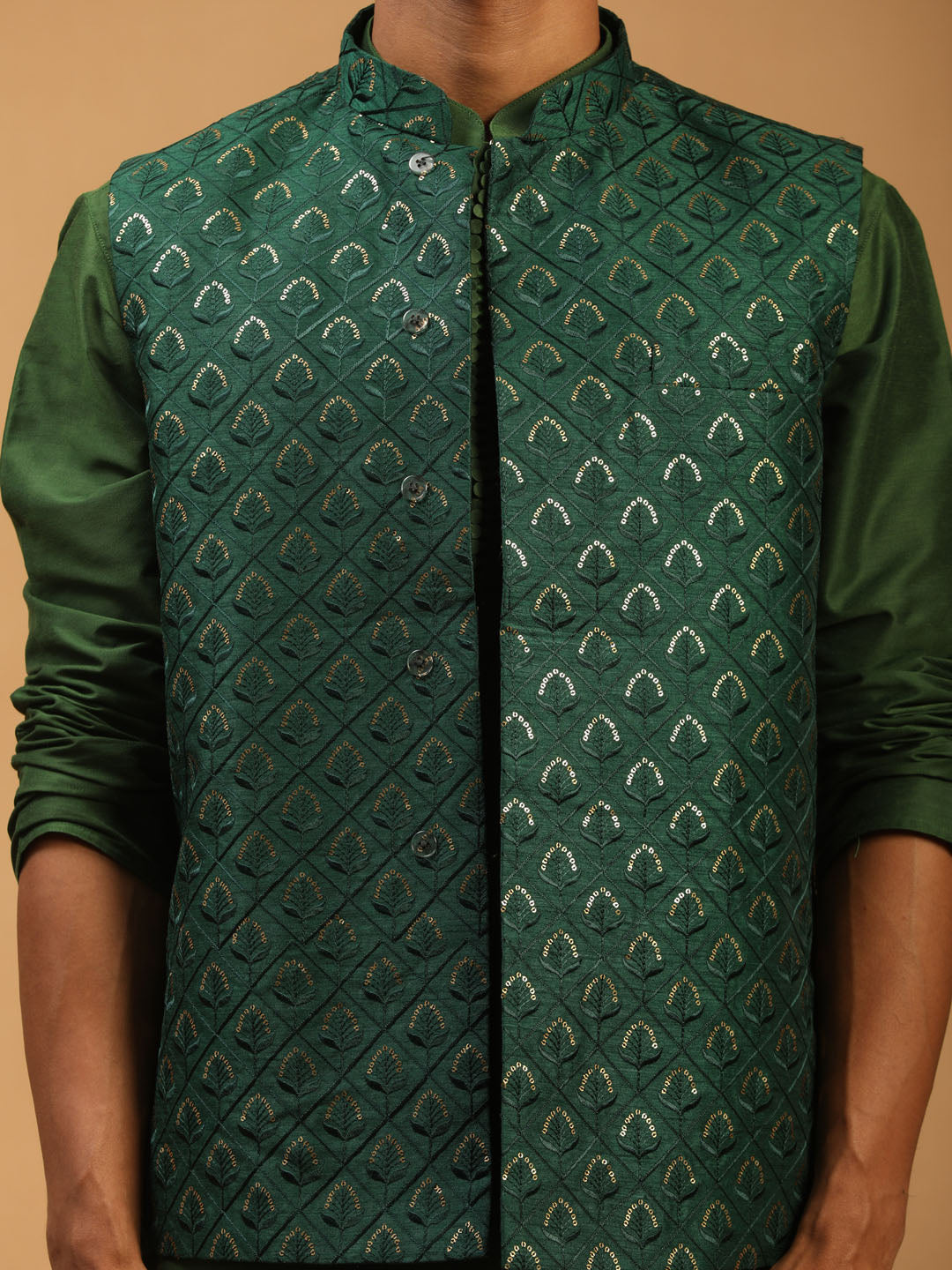 Vastramay Men's Green Embellished Jacket And Green Kurta And Pant Set