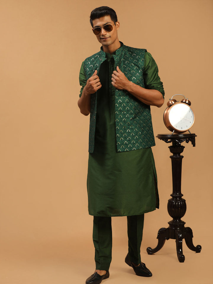 Vastramay Men's Green Embellished Jacket And Green Kurta And Pant Set