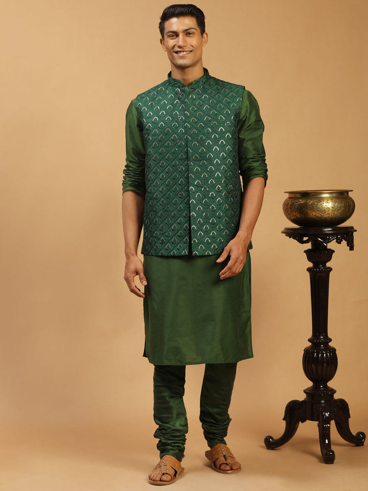 Vastramay Men's Green Embellished Jacket And Green Kurta Churidar Set