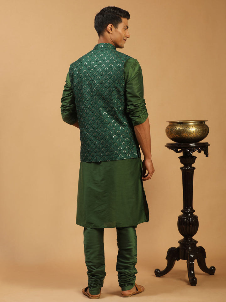 Vastramay Men's Green Embellished Jacket And Green Kurta Churidar Set