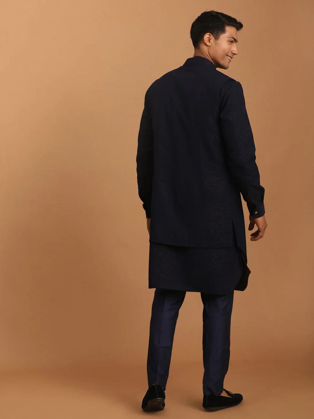 Men's Navy Blue Printed Jacket Kurta Pant Set