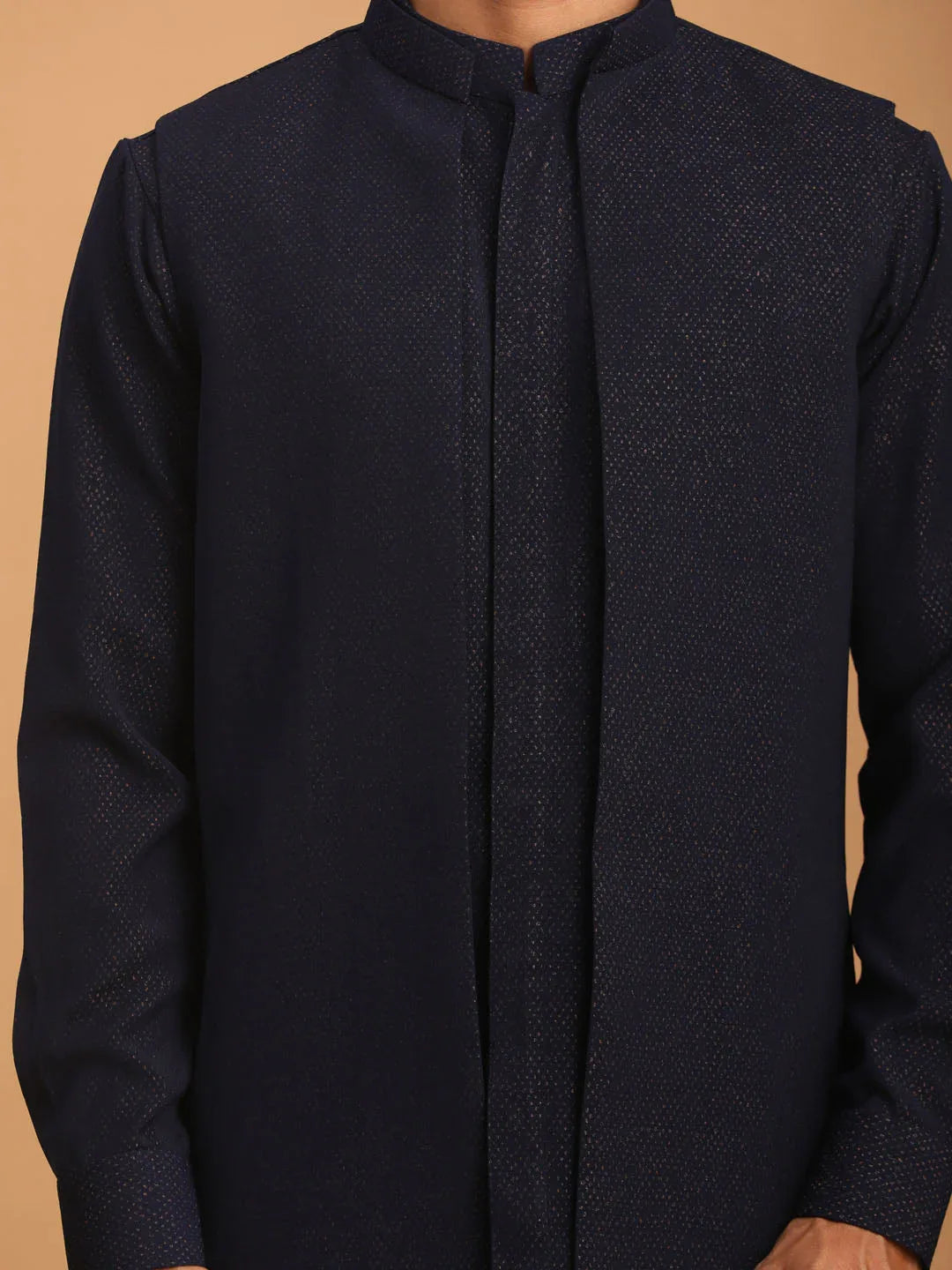 Men's Navy Blue Printed Jacket Kurta Pant Set