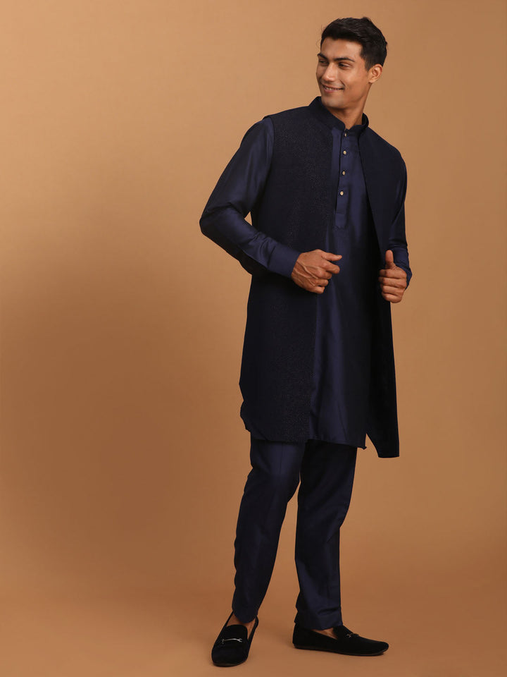 Vastramay Men's Navy Blue Dot Glitter Printed Jacket With Blue Silk Blend Curved Hem Kurta And Pant Set