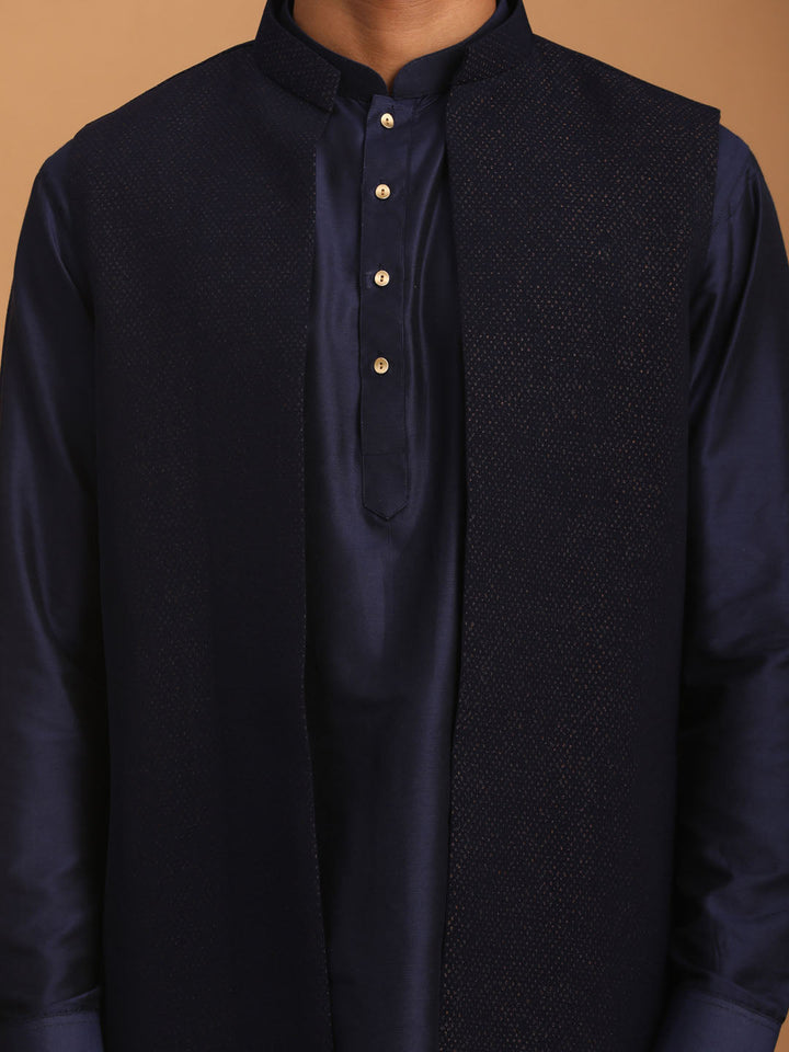 Vastramay Men's Navy Blue Dot Glitter Printed Jacket With Blue Silk Blend Curved Hem Kurta And Pant Set