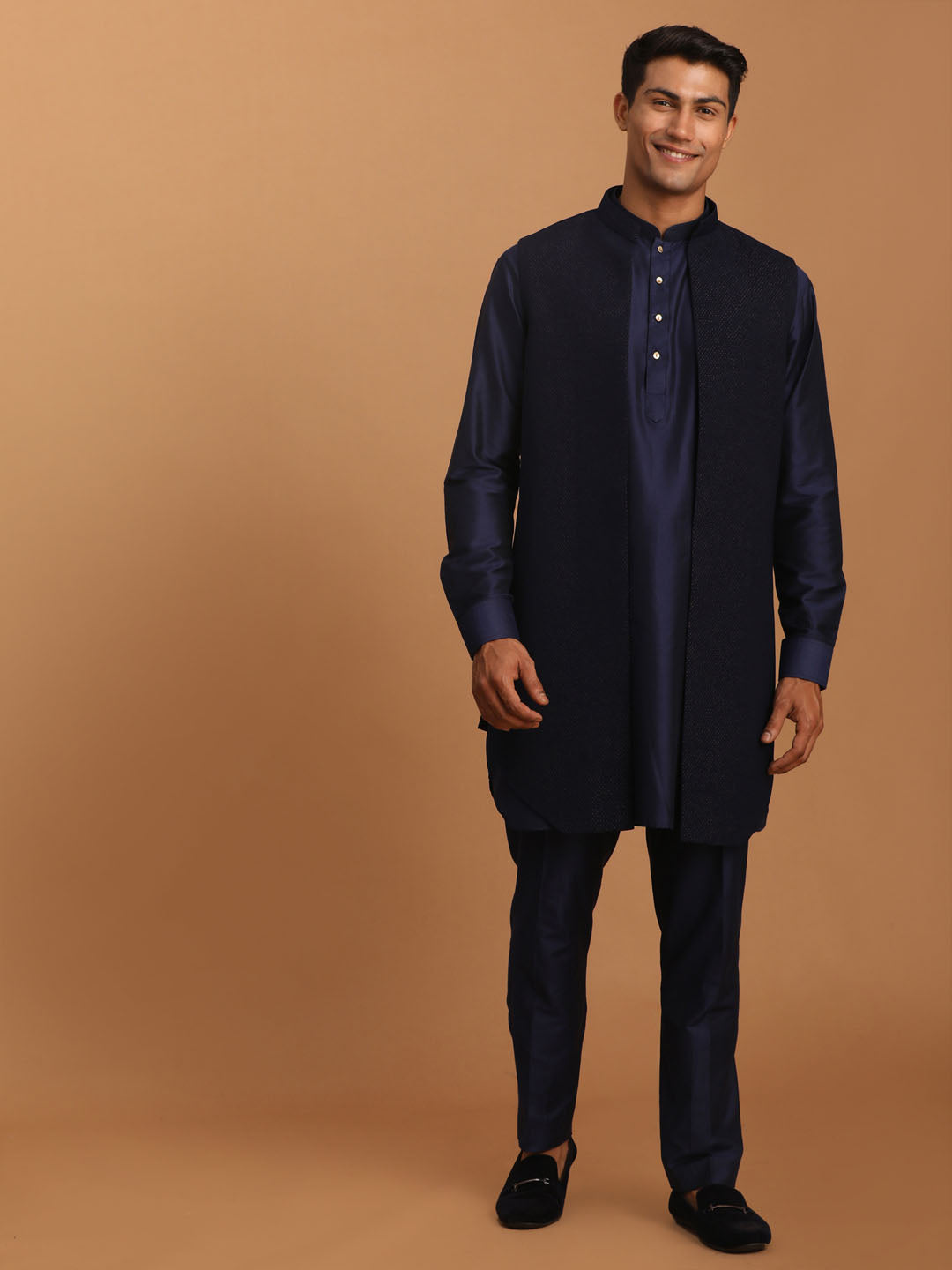 Vastramay Men's Navy Blue Dot Glitter Printed Jacket With Blue Silk Blend Curved Hem Kurta And Pant Set